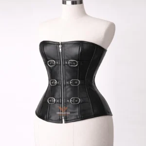 Black Leather Overbust Corset Steel Boned Strapless Bustier Waist Trainer Gothic Clubwear Top