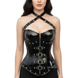 Black Shiny PVC Corset Top | Steel Boned Gothic Bustier | Overbust Waist Trainer with Buckle Straps
