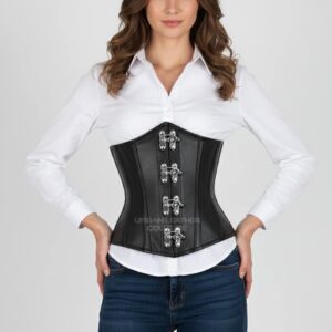 BLACK Leather Underbust Corset -- Steel Boned, Front Claps, Gothic Steampunk